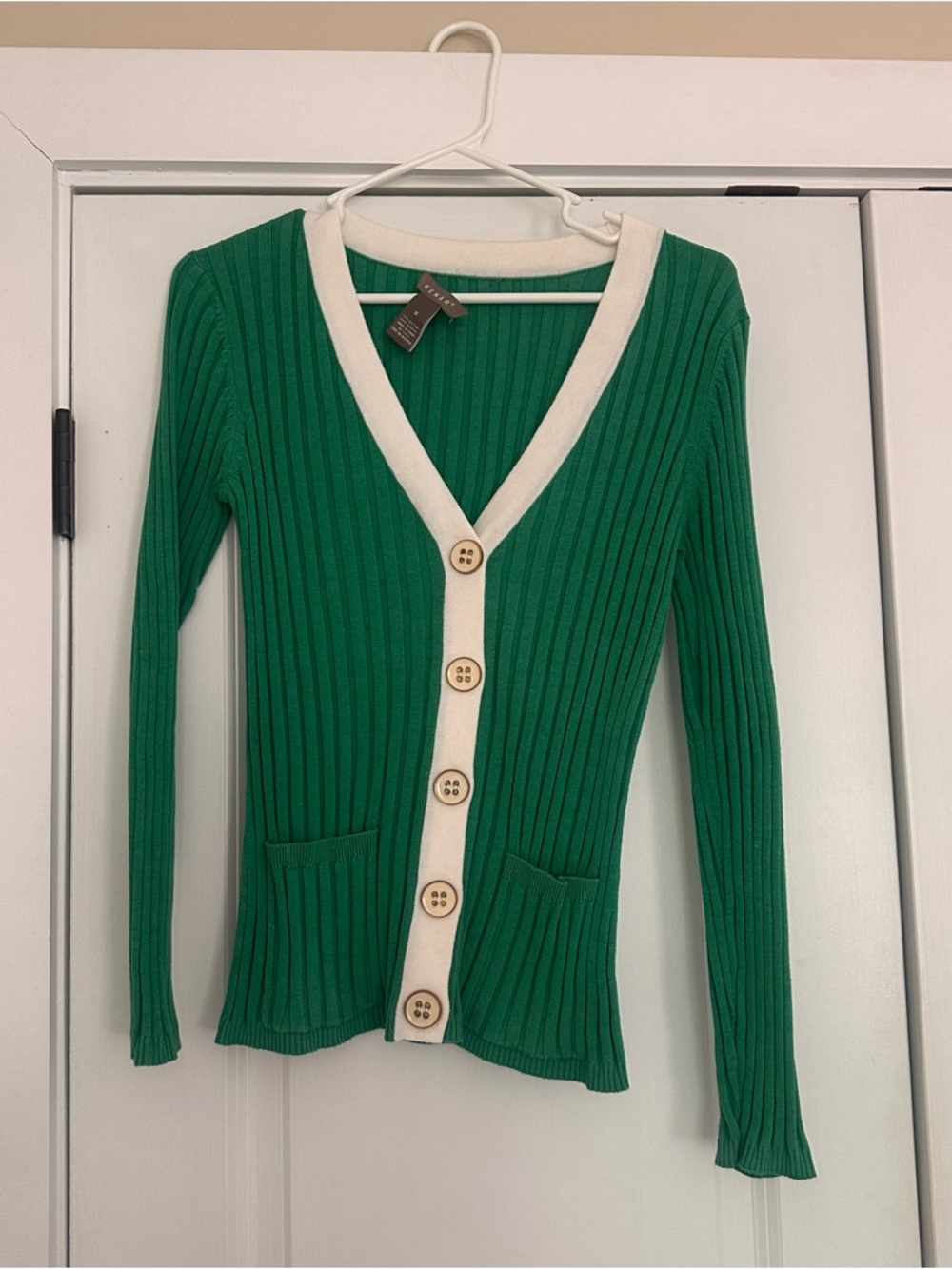 Green Ribbed V-Neck Cardigan with Cream Trim